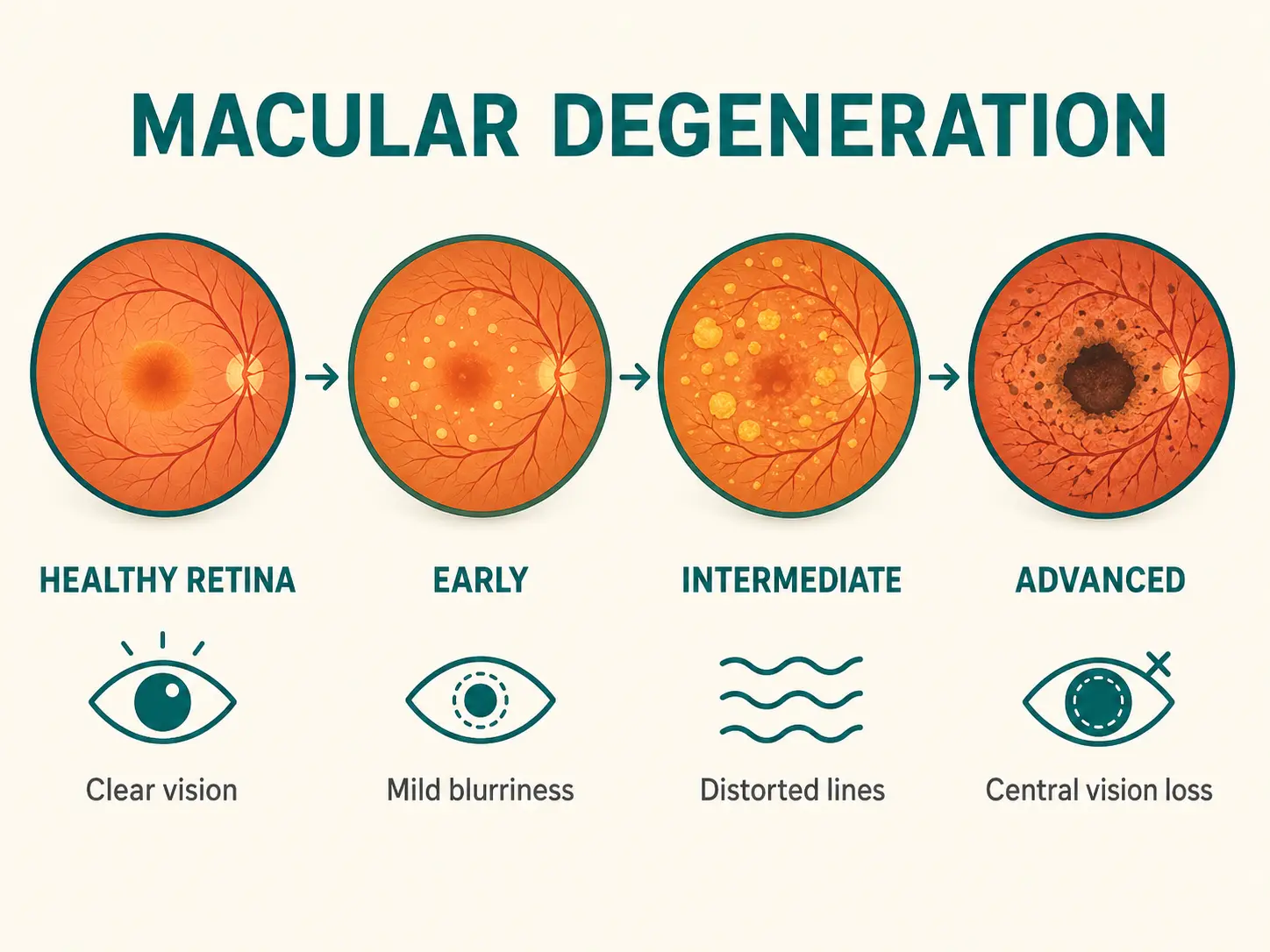 Visual diagram showing the progression of age-related macular degeneration from early subtle blurring to advanced central vision loss